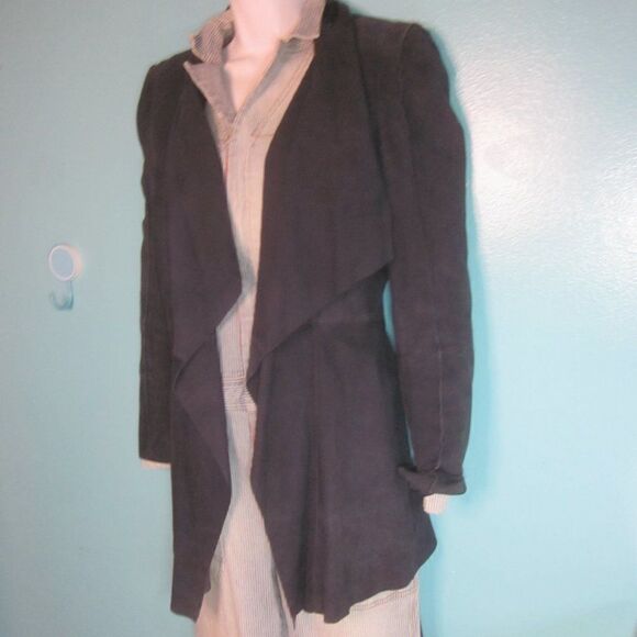 BCBG Womens Size S Navy Blue Leather Coat Draped Layered Waterfall Front Jacket - Picture 16 of 16